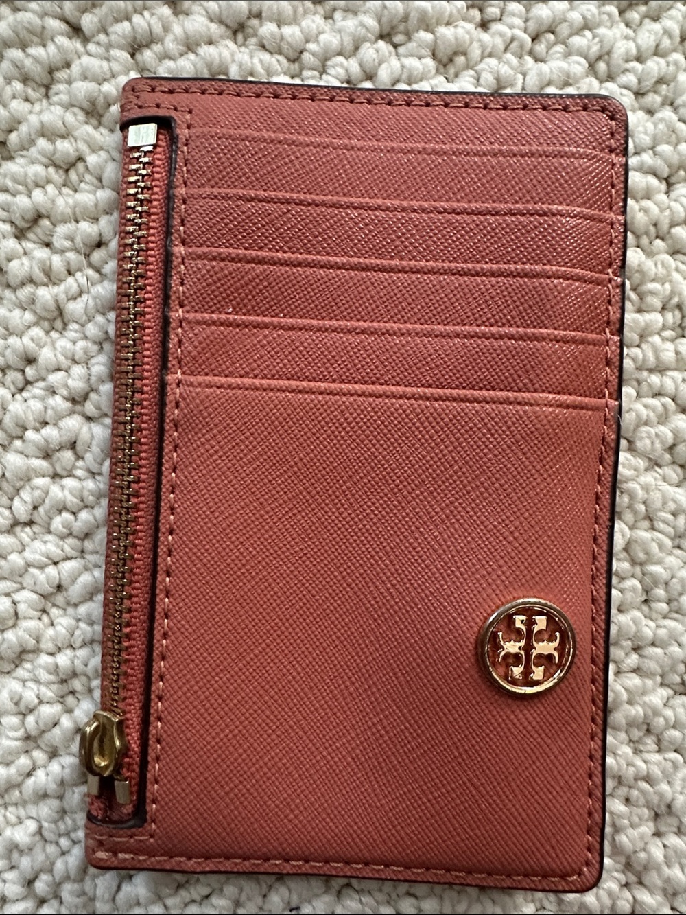 Tory Burch Saffiano Card Holder in Rust with Gold Logo